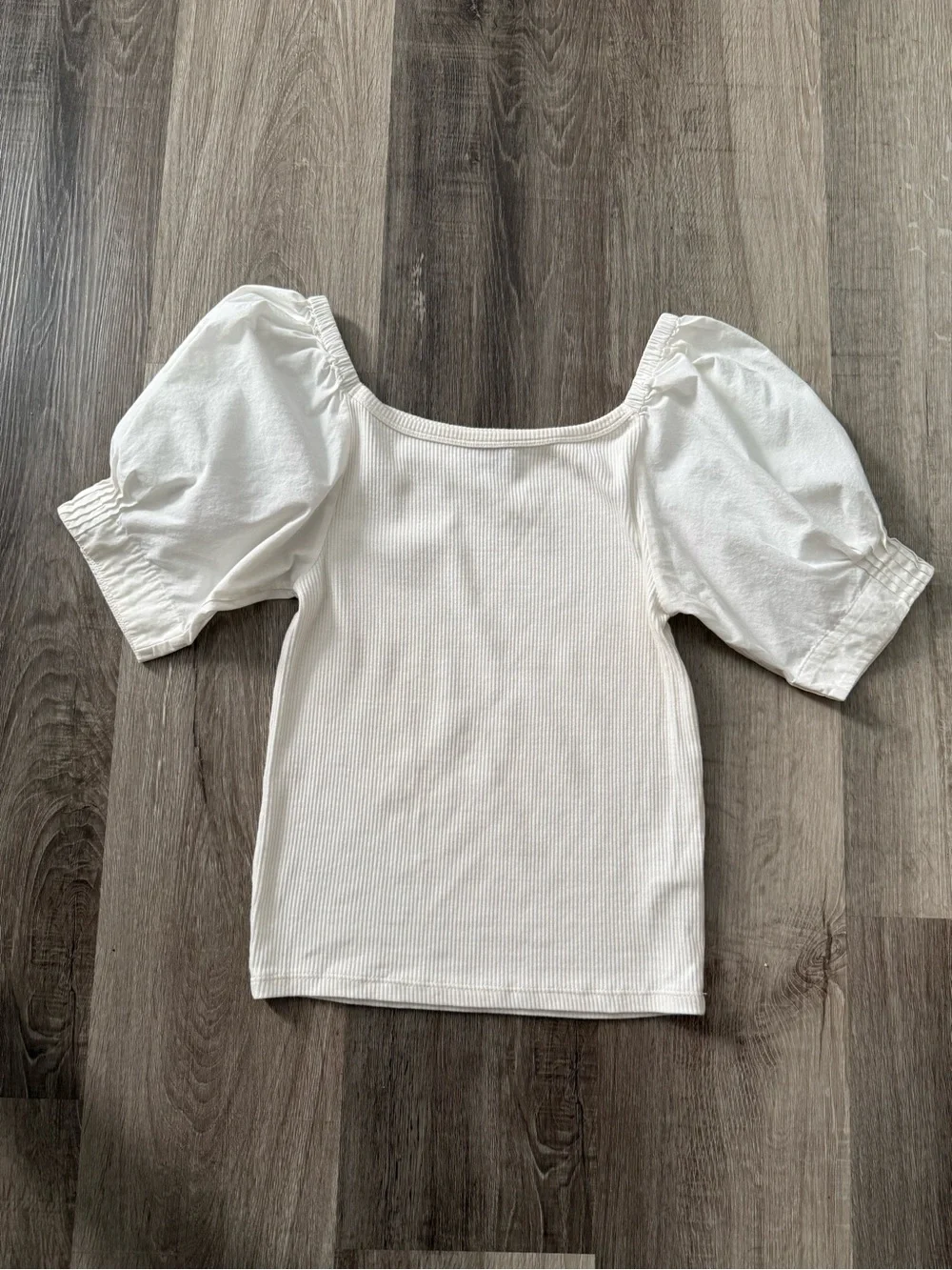 J. Crew Cream Ribbed Square-Neck Top with Puff Sleeves